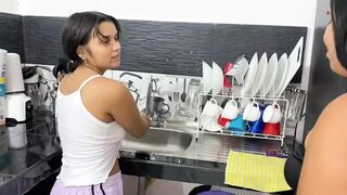 My stepmom bonks my petite vagina in the kitchen whilst this babe washes the slab