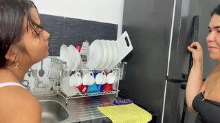 My stepmom bonks my petite vagina in the kitchen whilst this babe washes the slab - 2 image