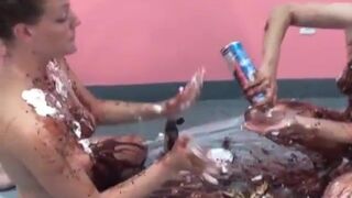 Lusty housewives get bored and play with ice cream toppings on big tits