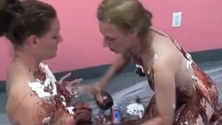 Lusty housewives get bored and play with ice cream toppings on big tits