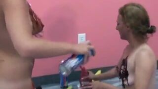 Lusty housewives get bored and play with ice cream toppings on big tits