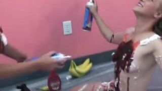 Lusty housewives get bored and play with ice cream toppings on big tits - 5 image