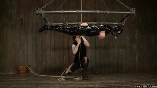 Busty MILF bound in latex and hung