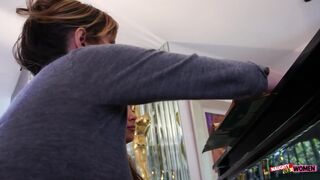 After playing some music, this brunette begs her lesbian piano teacher to fuck her raw