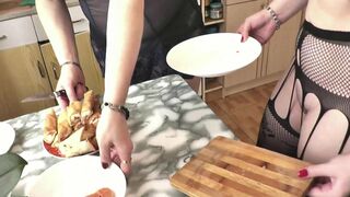 Konstanzia & Assol26, two kinky MILFs in kitchen kissing & preparing a red fish appetizer