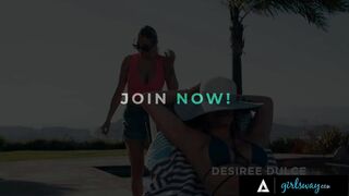 Kinky tanning session with hot Desiree Dulce & Kenzie Taylor ends in a sneaky lesbian pussy-eating session! - 1 image